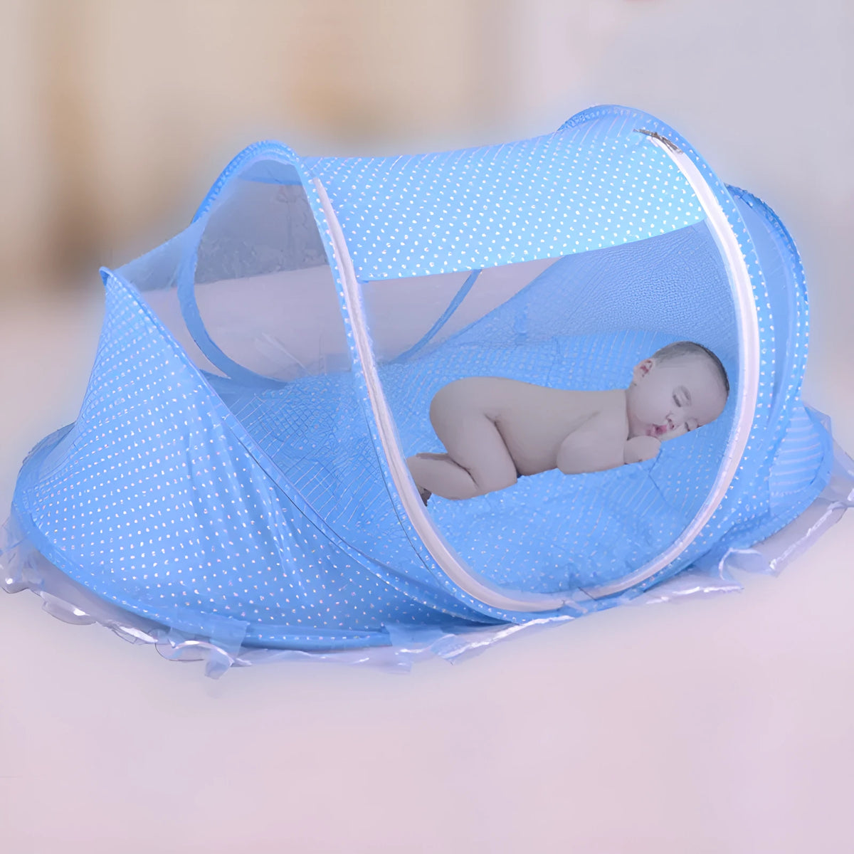 Foldable baby bed net 110x65x60cm with mattress and pillow in blue or pink mesh and steel wire frame