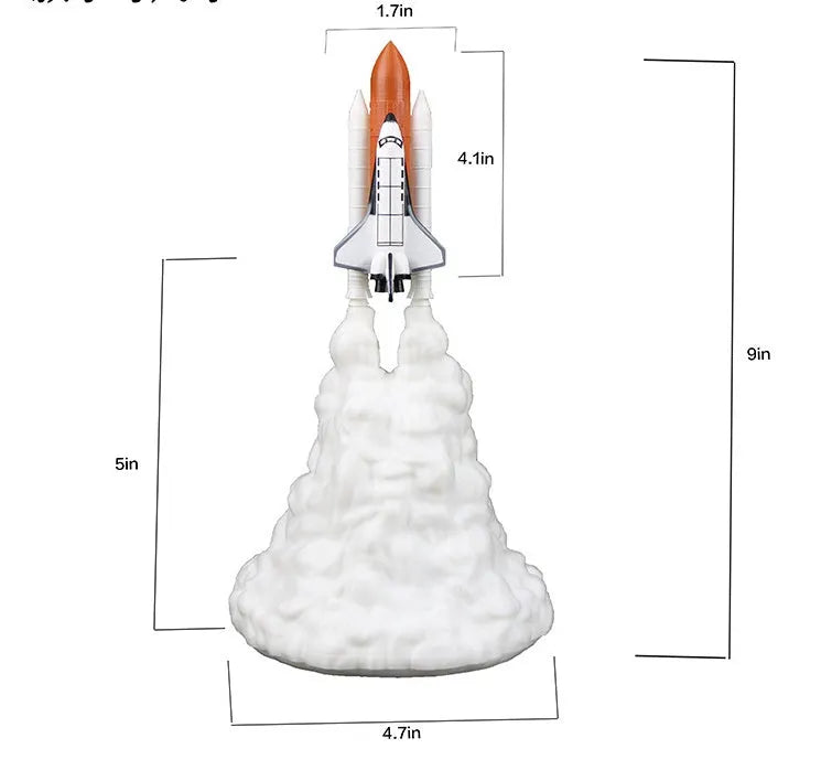 3D print rocket space shuttle lamp night light, 11 inch, PLA material, USB rechargeable, on display in a bedroom