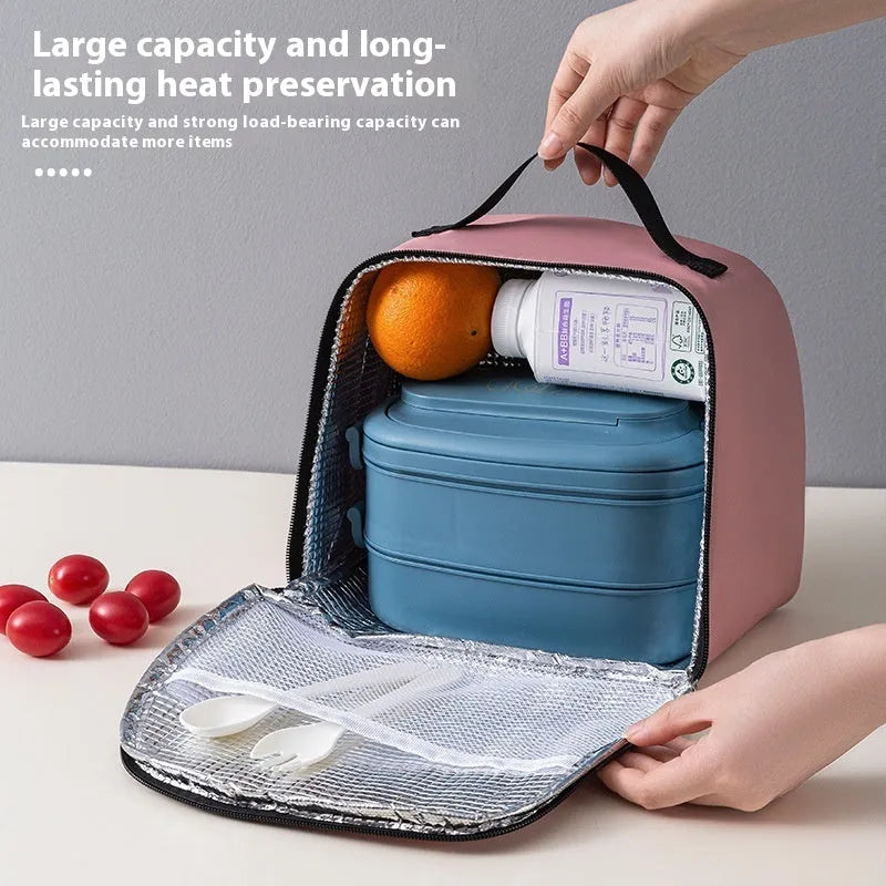 Large capacity insulated lunch box bag in textured cloth material with bento box