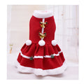 Red fleece dog dress with skirt design for small dogs, shown on a pet model