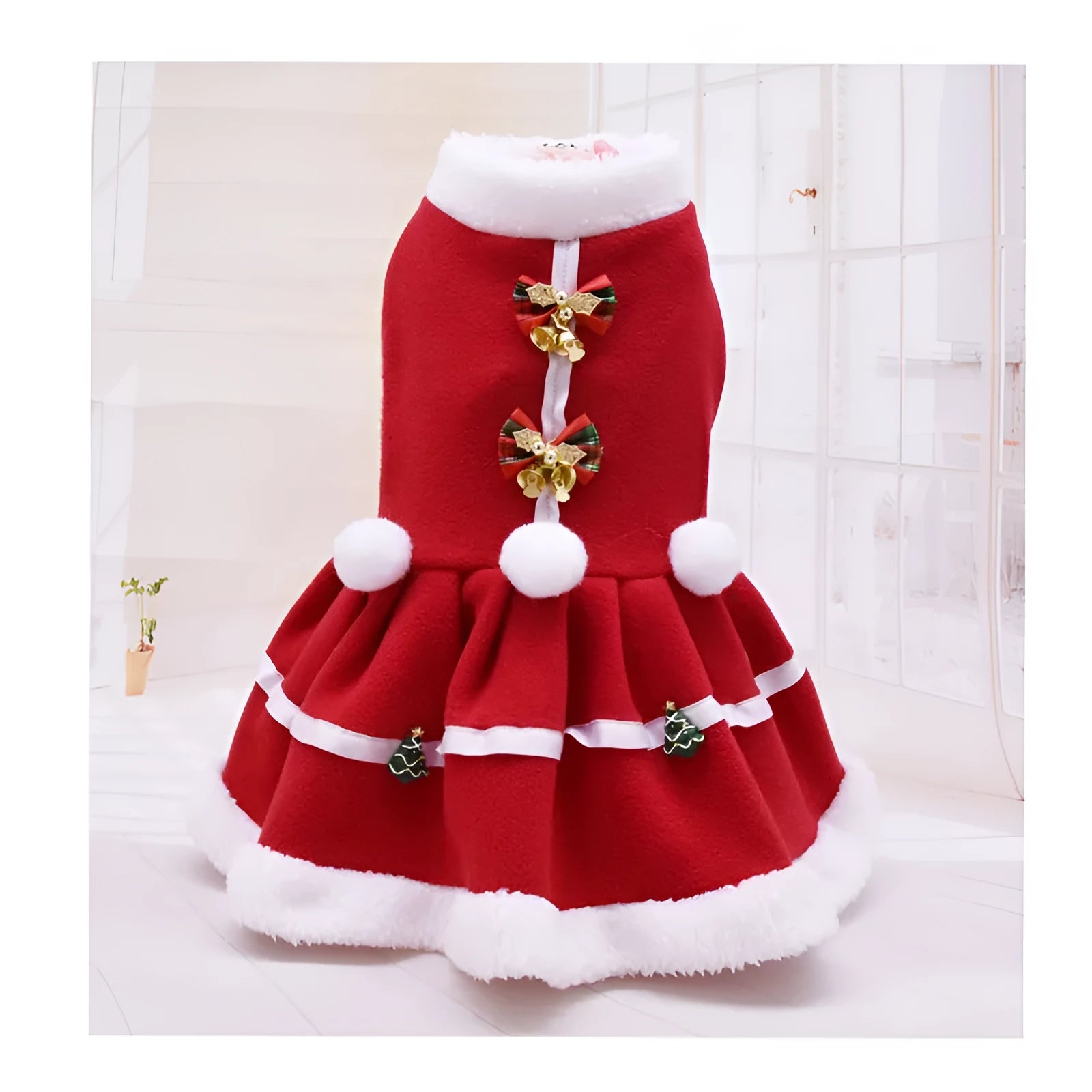 Red fleece dog dress with skirt design for small dogs, shown on a pet model