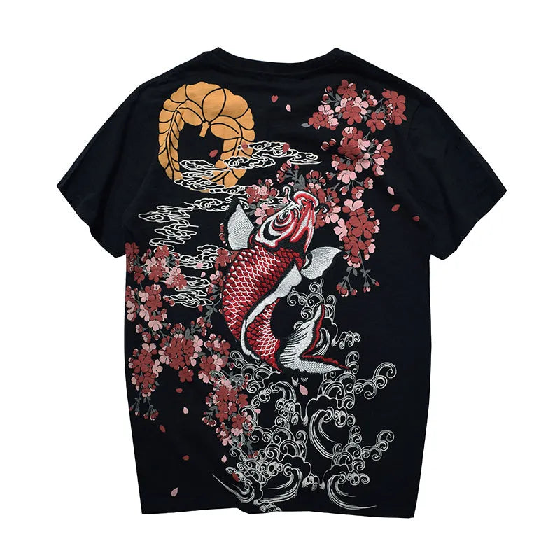 Embroidered men's cotton T-shirt in white, front view, with visible stitched detail on chest