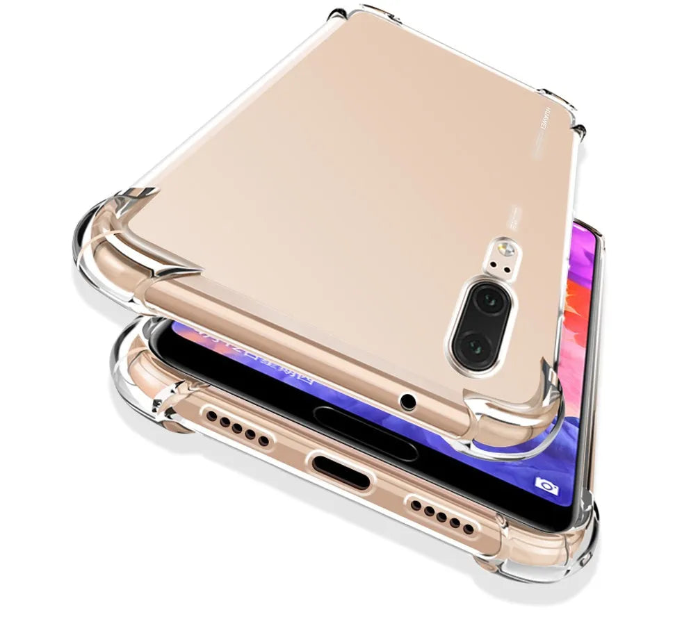 Transparent airbag drop-resistant TPU phone case for a Huawei smartphone on a table.