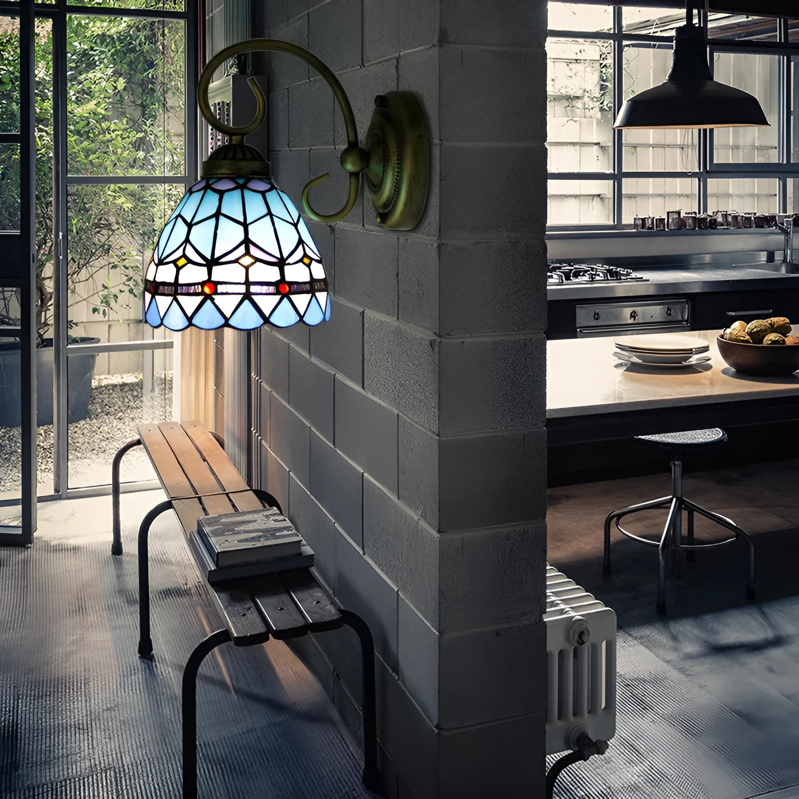 A coloured stained glass wall lamp mounted on a corridor wall, showing one of six available style variants.