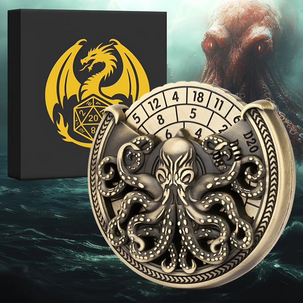 Vintage metal octopus dice turntable in bronze finish on tabletop, compact dice rolling accessory