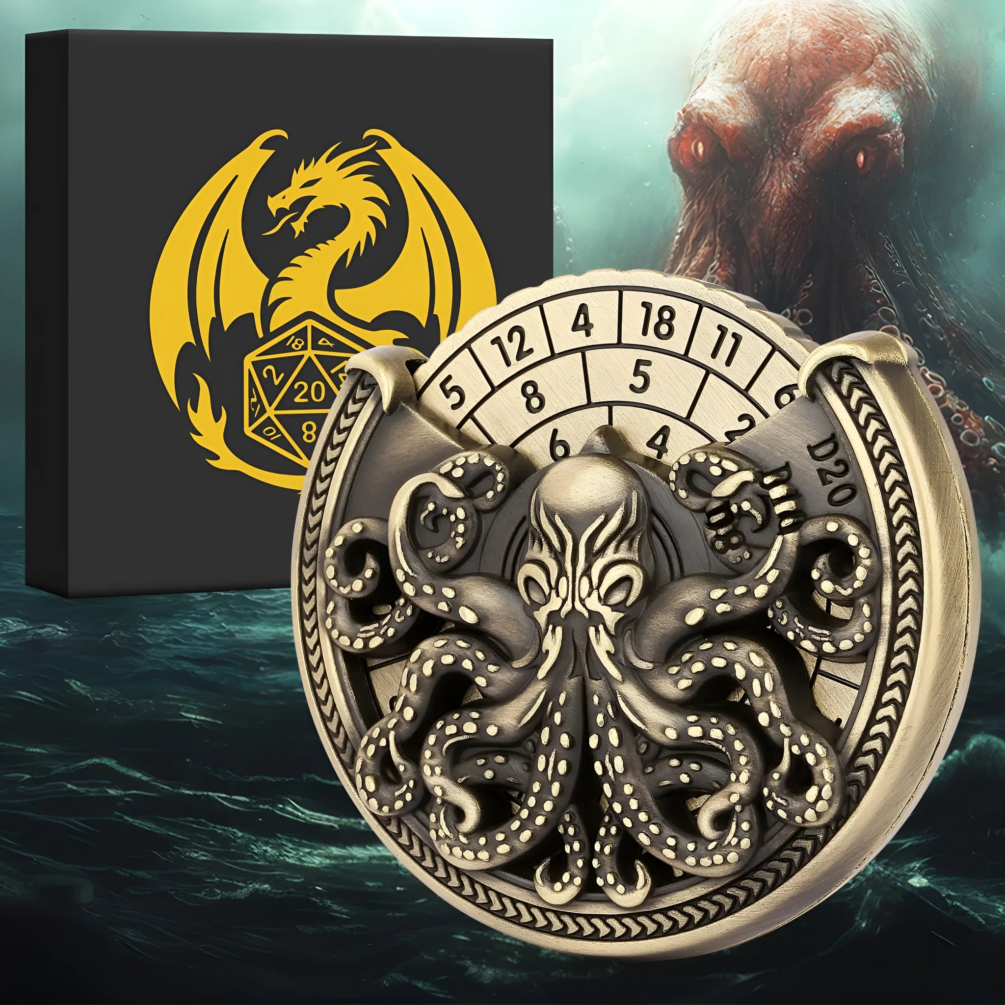 Vintage metal octopus dice turntable in bronze finish on tabletop, compact dice rolling accessory