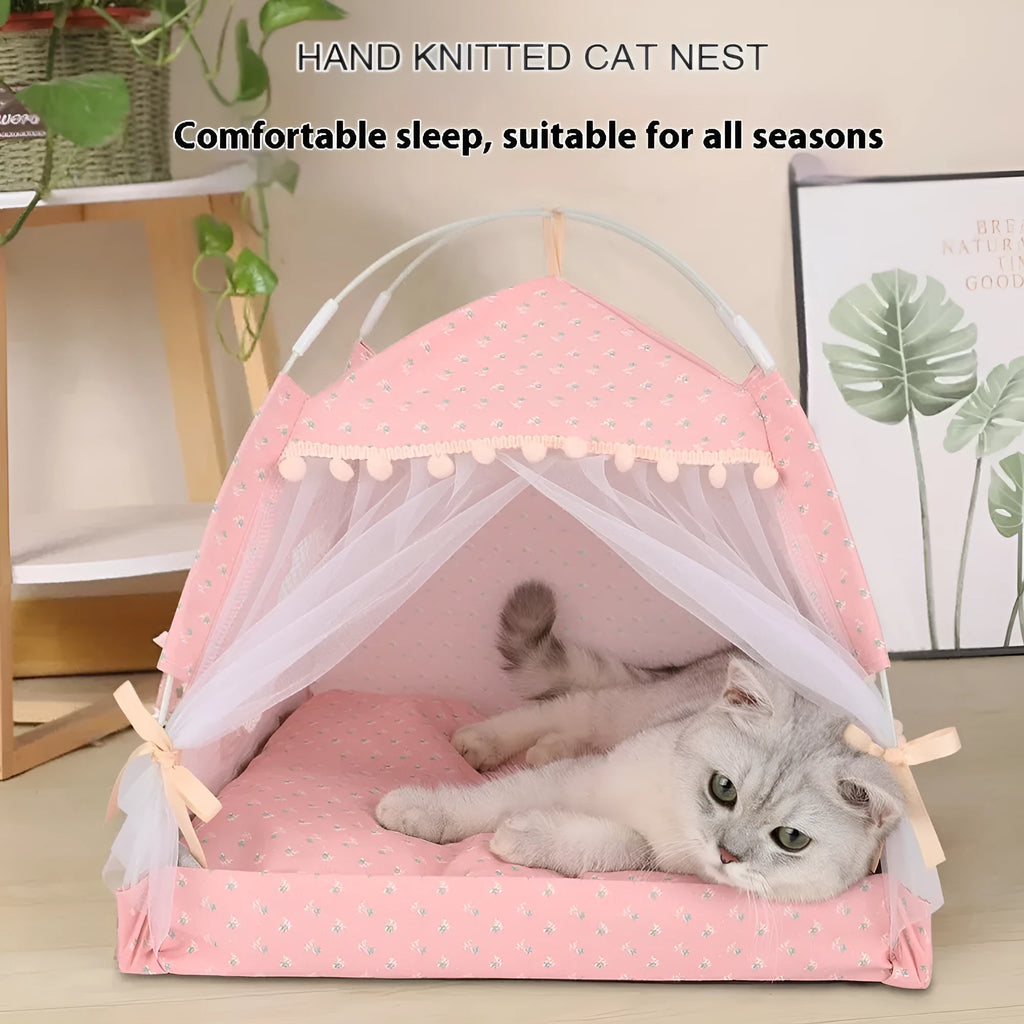 Foldable semi-closed cloth cat nest kennel in floral or lace colour, sizes S M L for cats up to 10kg