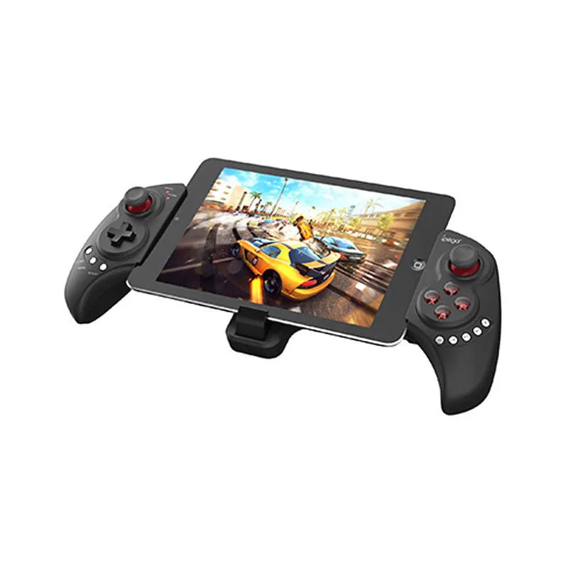 Wireless telescopic gamepad controller PG-9023 in black ABS plastic extended to hold a smartphone