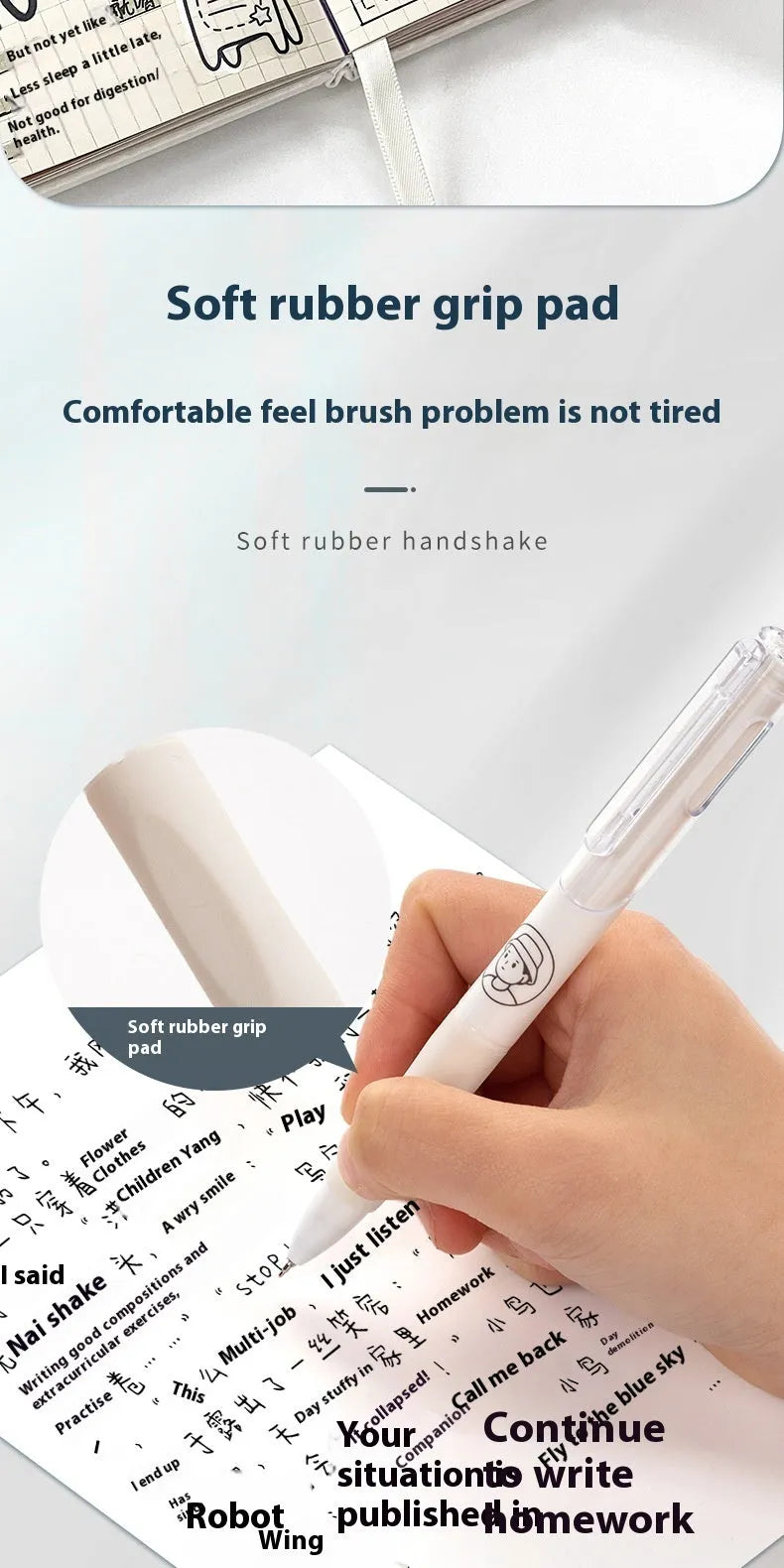 Set of five white and black 0.5mm ballpoint pens with quick-drying ink.