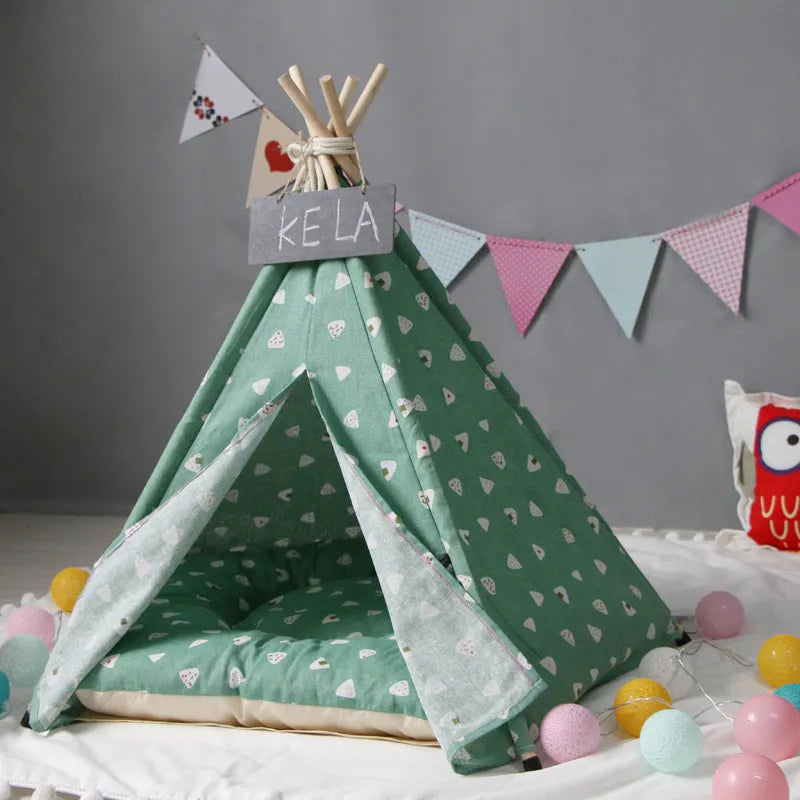 Green triangular pet tent kennel with cotton cover and wood stick frame for small dogs and cats