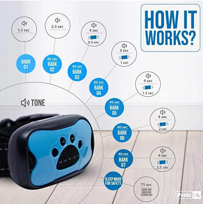 Blue anti-barking collar with sound and vibration technology for dogs 3.5-50 kg