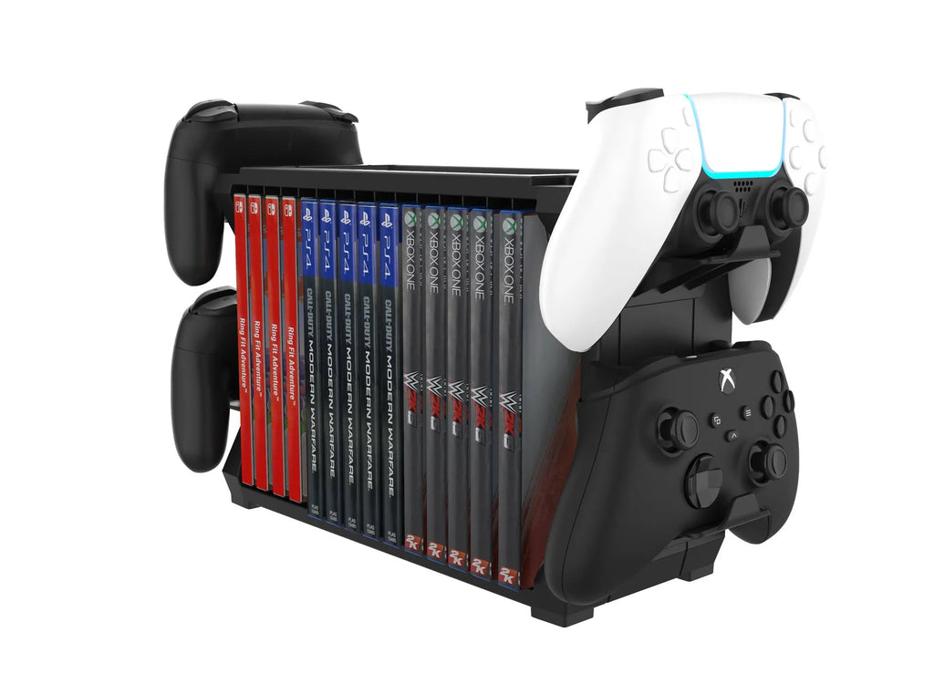 Black PS5 disc holder and stand with slots for game cartridges and four controller docks