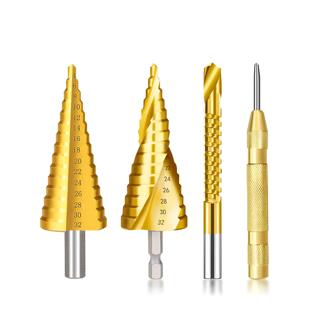 Cone drill bit punch set with high speed steel step drills and centre punch for metalworking applications