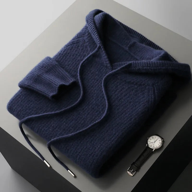 Hooded cashmere sweater, loose fit thickened winter pullover in camel, grey-green or navy blue, sizes S to XXXL