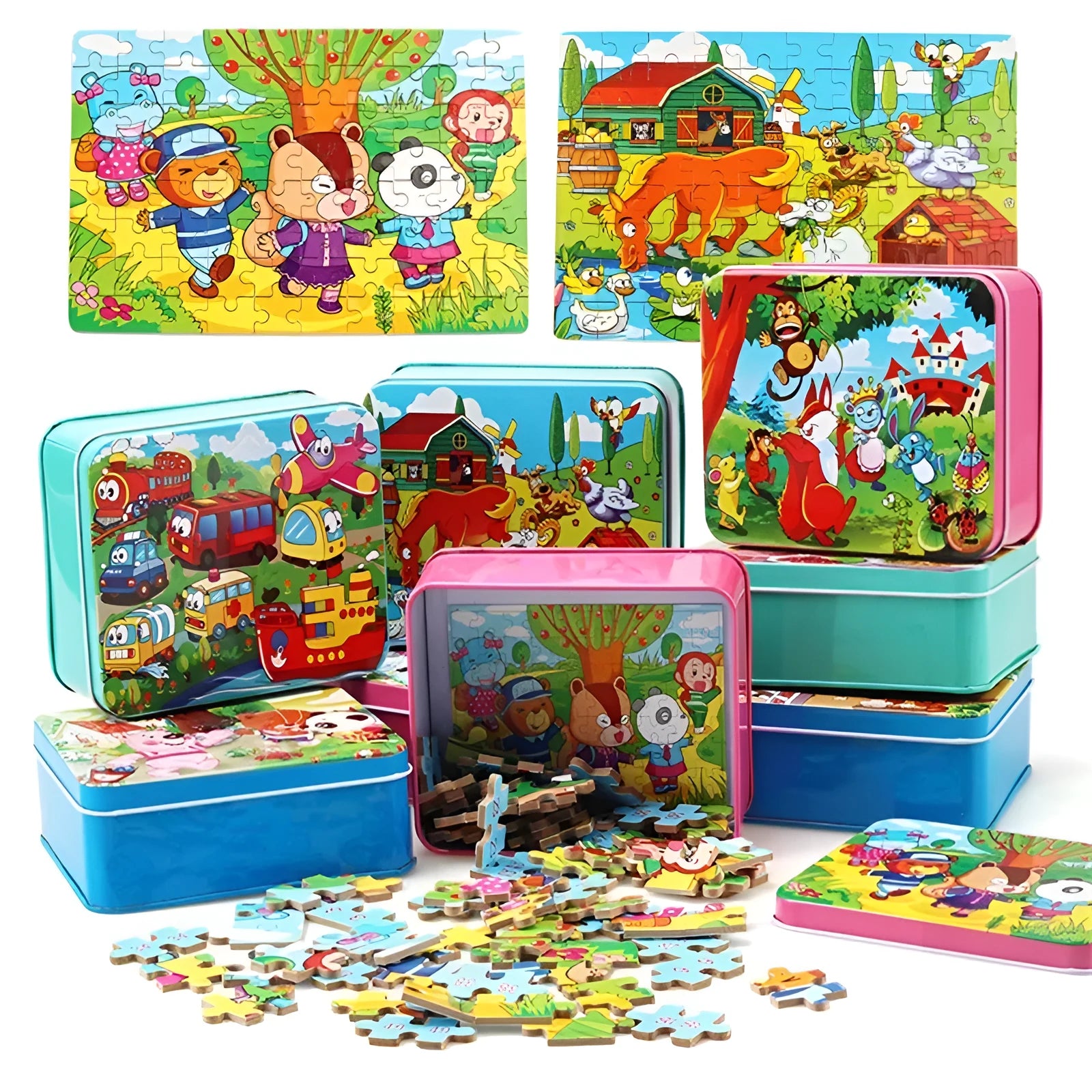 80 piece wooden animal jigsaw puzzle in iron box with non-toxic paint for children aged 3+