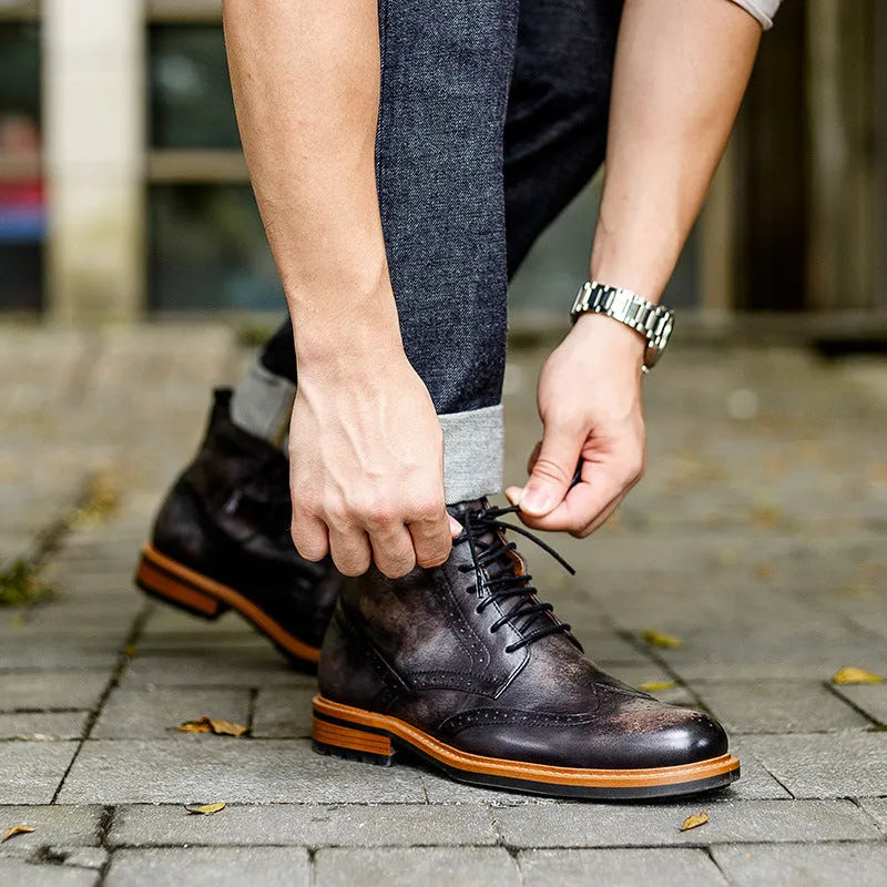 Men's leather Martin boots with first layer cowhide patent finish upper and rubber sole, black or dark coffee