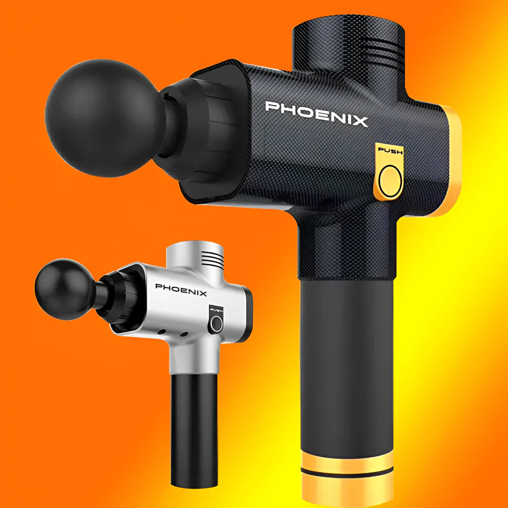 Black fascia massage gun with four attachment heads showing 29cm dimensions