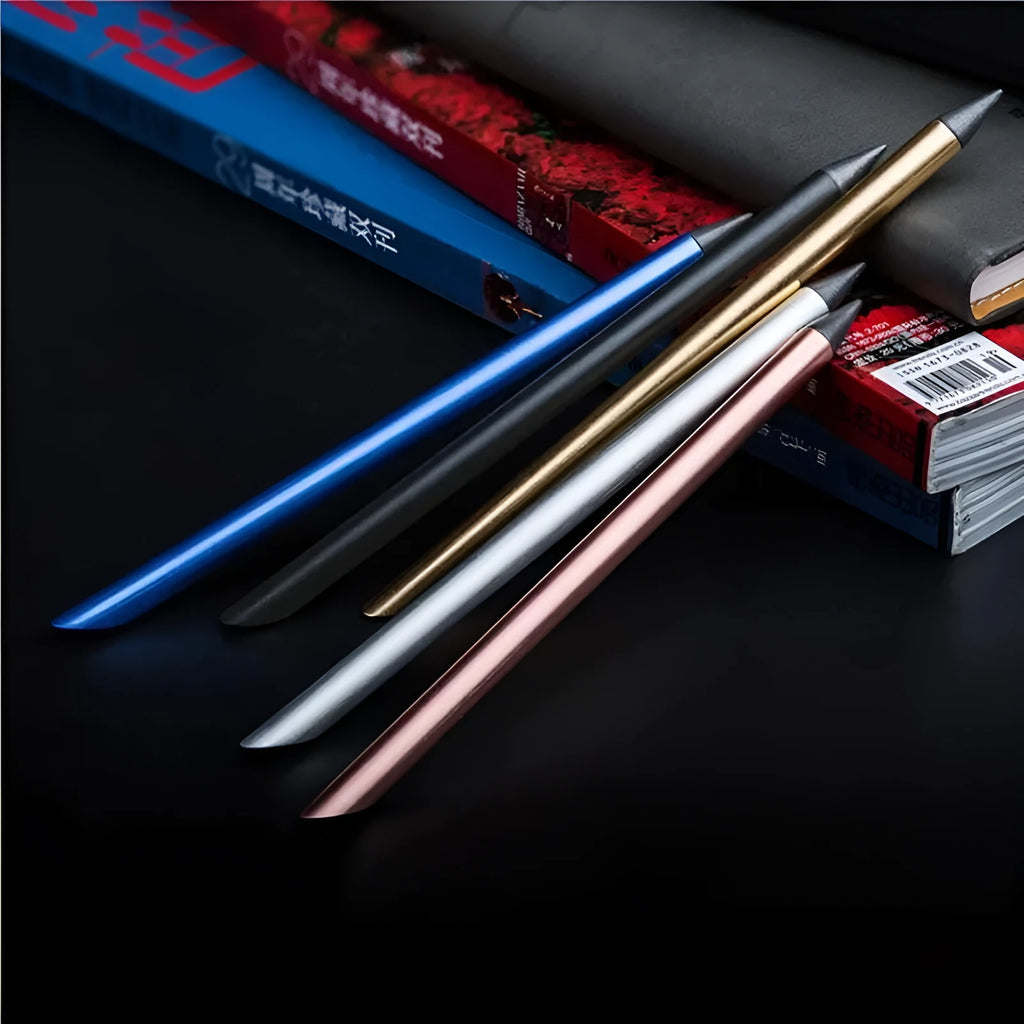 Inkless metal pen with alloy steel tip in choice of five metallic colours showing 0.5mm nib and protective accessories