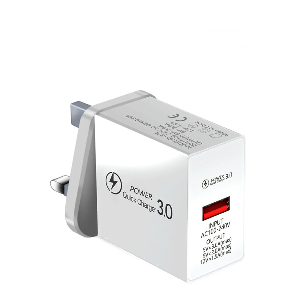 Black or white USB wall charger with EU plug, 18W Quick Charge 3.0, 2400 mA output
