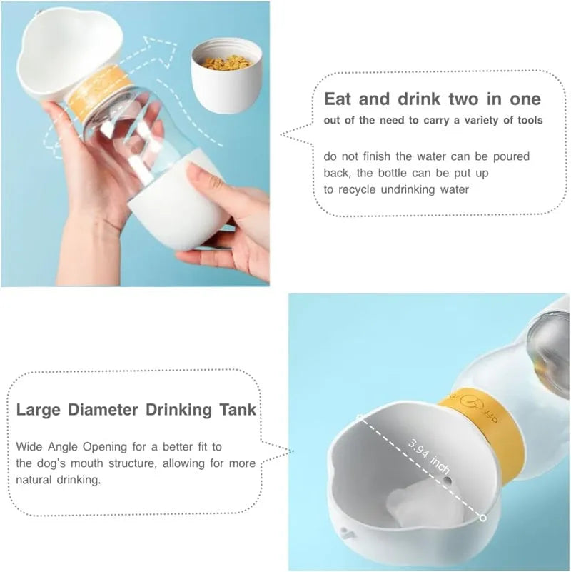 Portable dog water bottle with 2-in-1 water dispenser and food container, rotary switch, and attached belt, in purple colour.