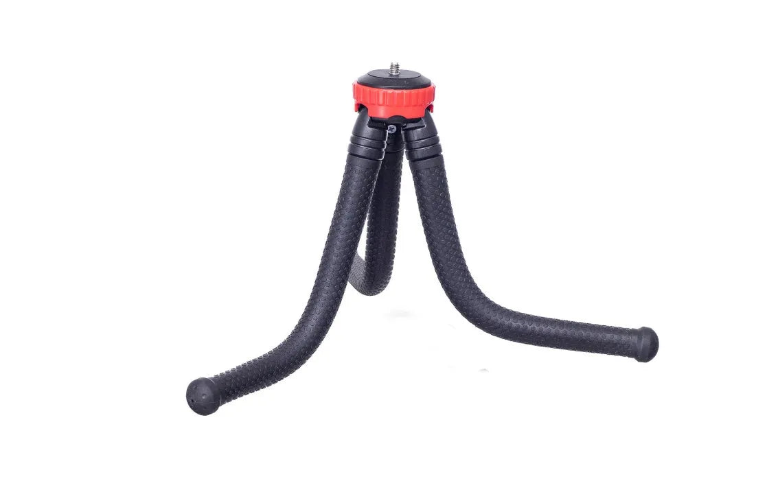 Black octopus tripod with flexible rubber legs and spherical gimbal for cameras and phones