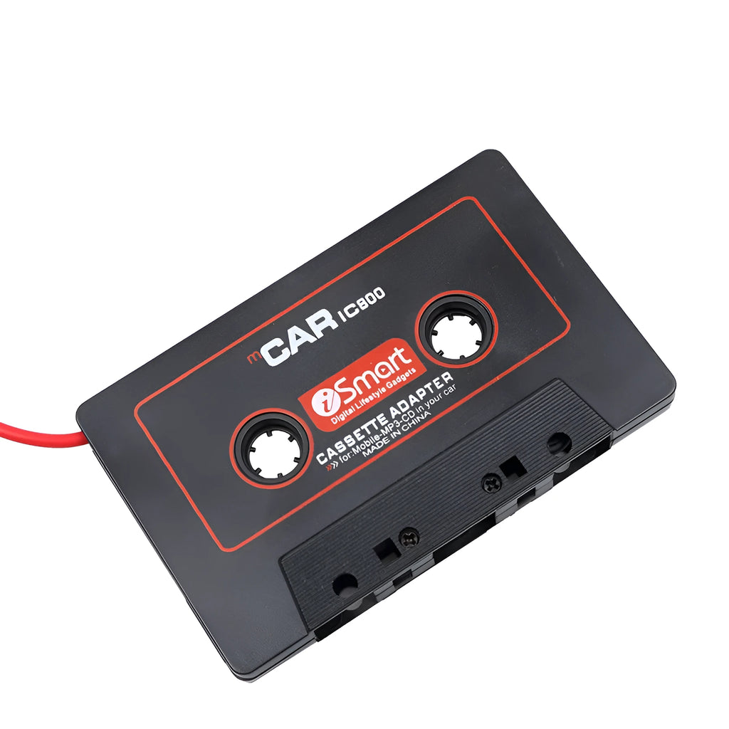Black cassette adapter with 3.5mm jack plug for connecting MP3 players to car cassette decks
