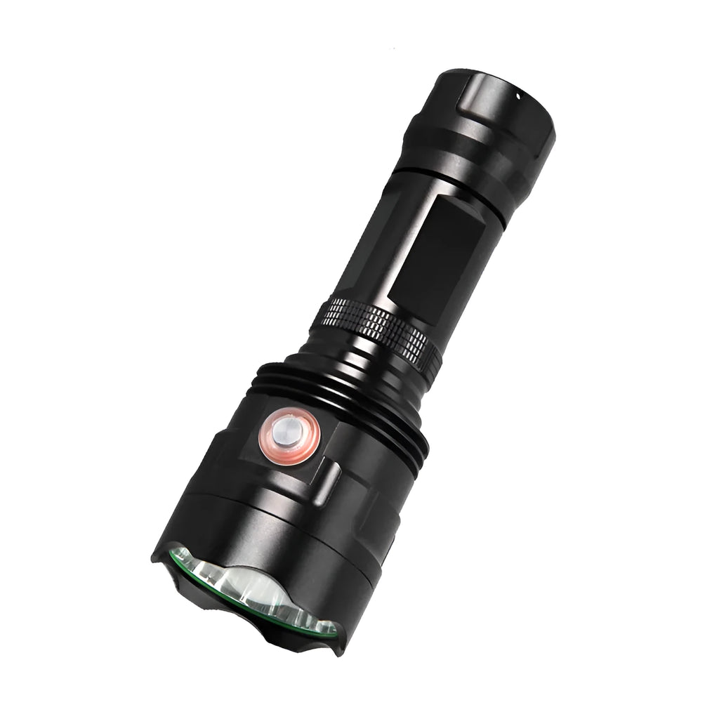Black aluminium alloy LED flashlight with large head, shown with USB cable and yellow packaging box.