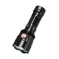 Black aluminium alloy LED flashlight with large head, shown with USB cable and yellow packaging box.