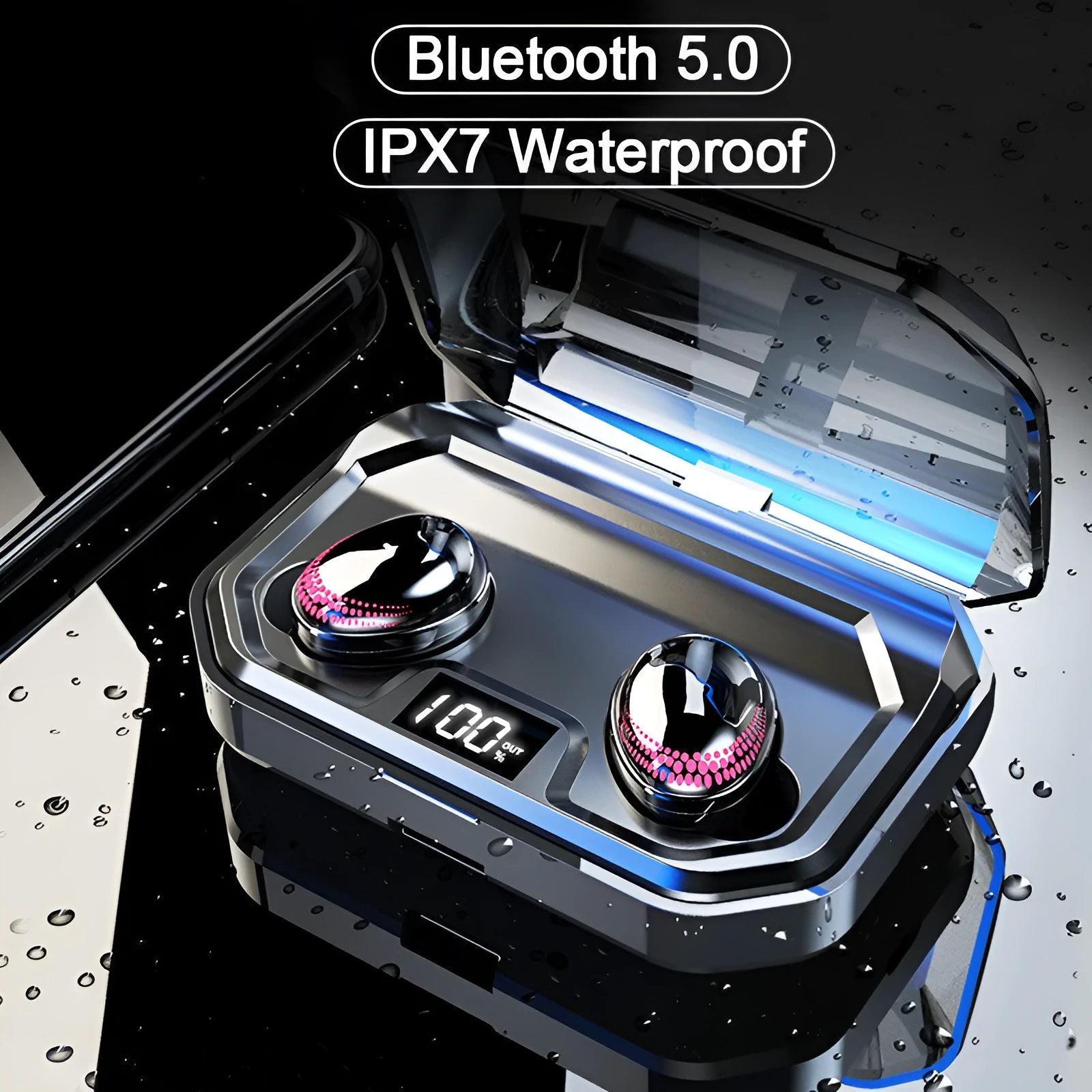 Black X10 Bluetooth wireless earbuds with charging case showing compact 150x100x40mm dimensions