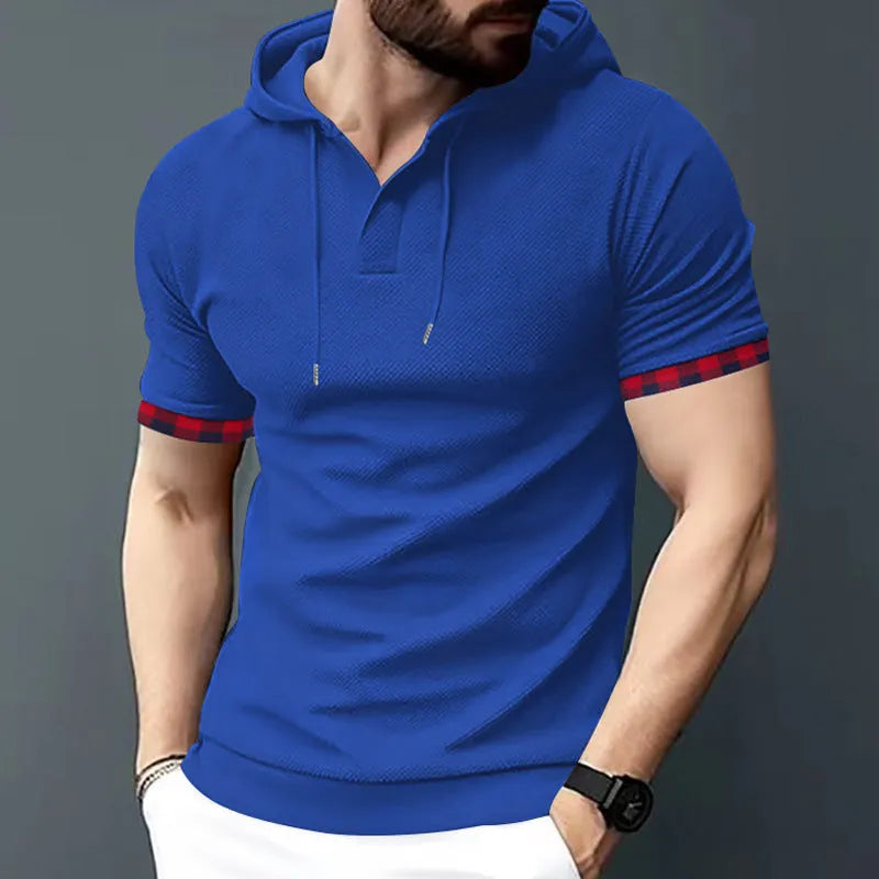 Men's short sleeve sport casual hooded top in solid colour, polyester blend, fitted cut, available in plus sizes