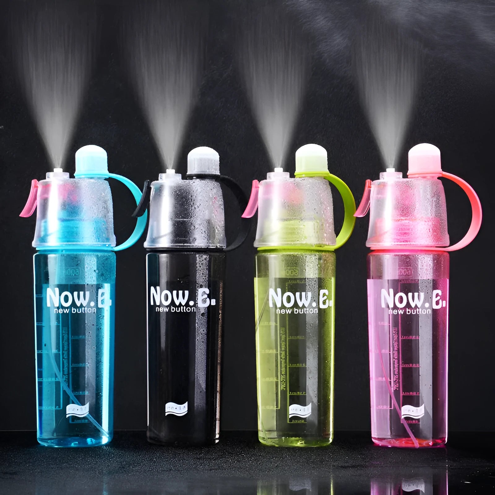 Portable mist spray sports water bottle with transparent body, handle, and press-to-spray mouth