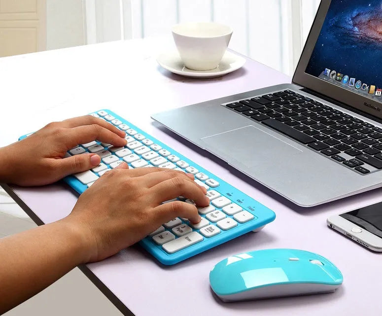 Wireless keyboard and mouse set in black, white, pink, or blue colours with USB micro receiver