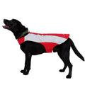 Reflective polyester dog coat in blue for large breeds, shown on a dog with safety strips visible