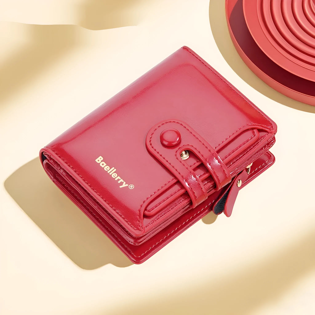 Women's PU leather card holder wallet shown in available colours including black, white, blue, red, green, brown, pink and orange