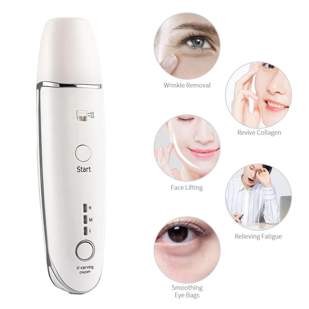 Wrinkle removal V-shape beauty device with RF HIFU, 20W, 17x4cm, ABS, includes syringe and adapter.