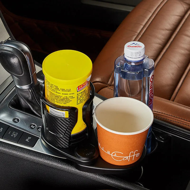 Multifunctional vehicle cup holder in Matt Black with 360° rotating axis mounted on car seat