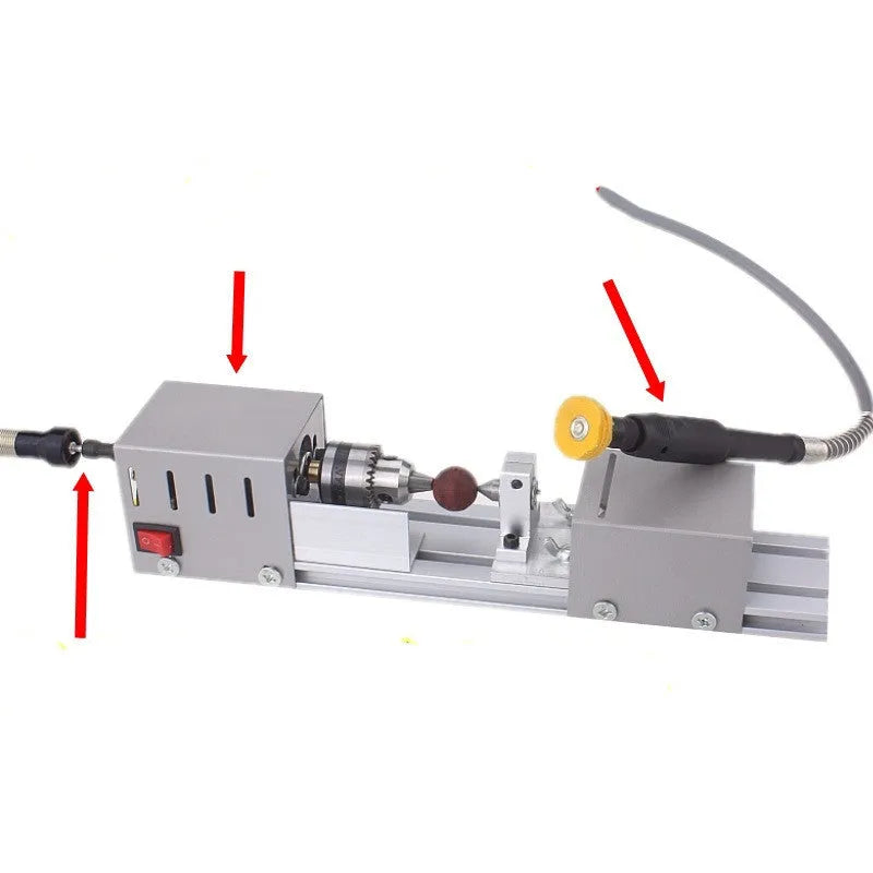 Mini manual woodworking lathe with silver metal finish and carving accessories