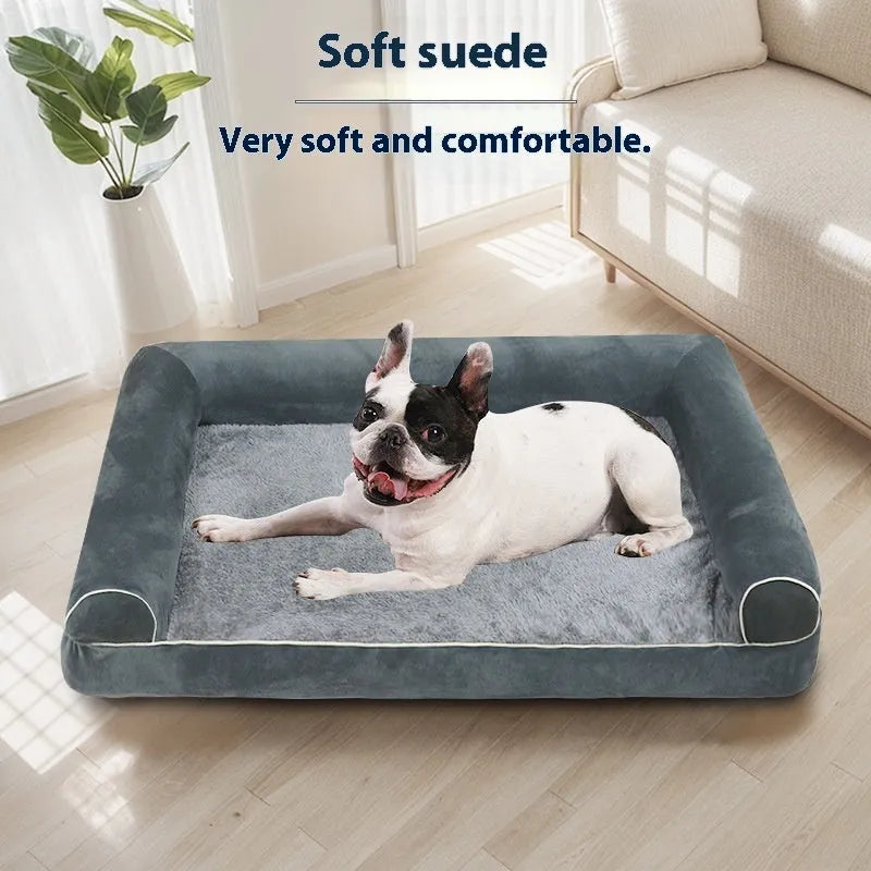 Square dark grey sponge dog bed with breathable cloth cover on a wooden floor.