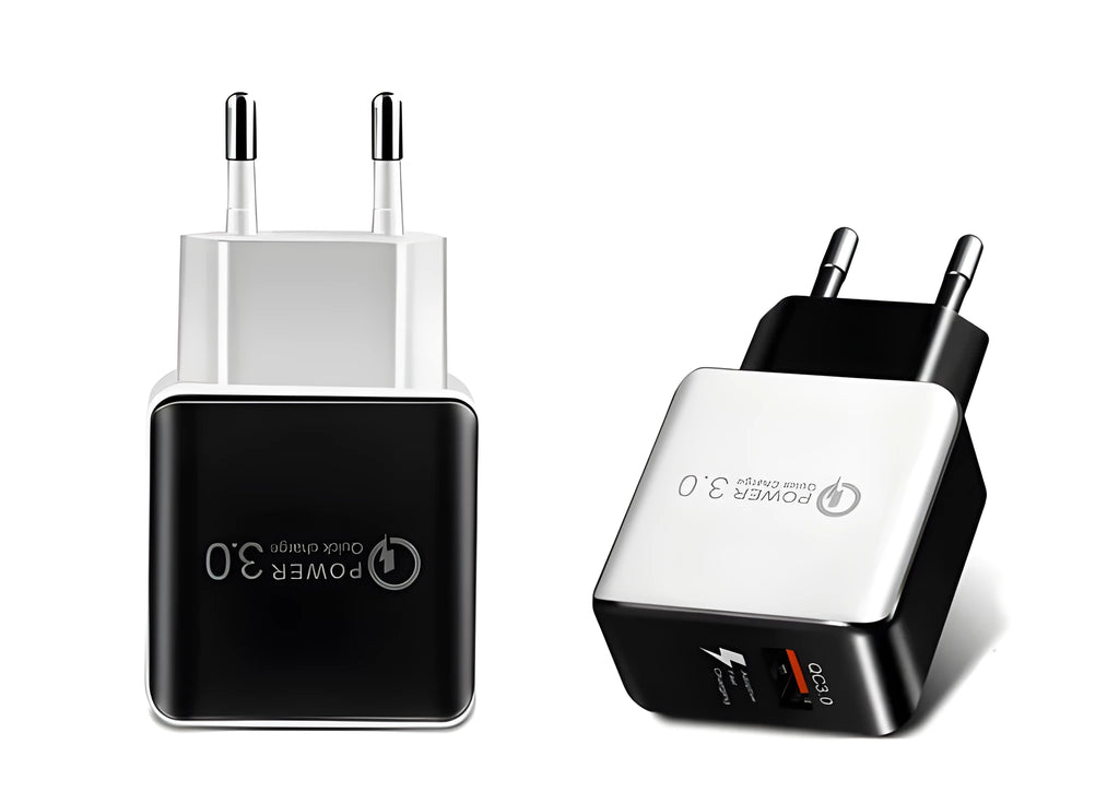 Black or white USB wall charger with EU plug, 18W Quick Charge 3.0, 2400 mA output