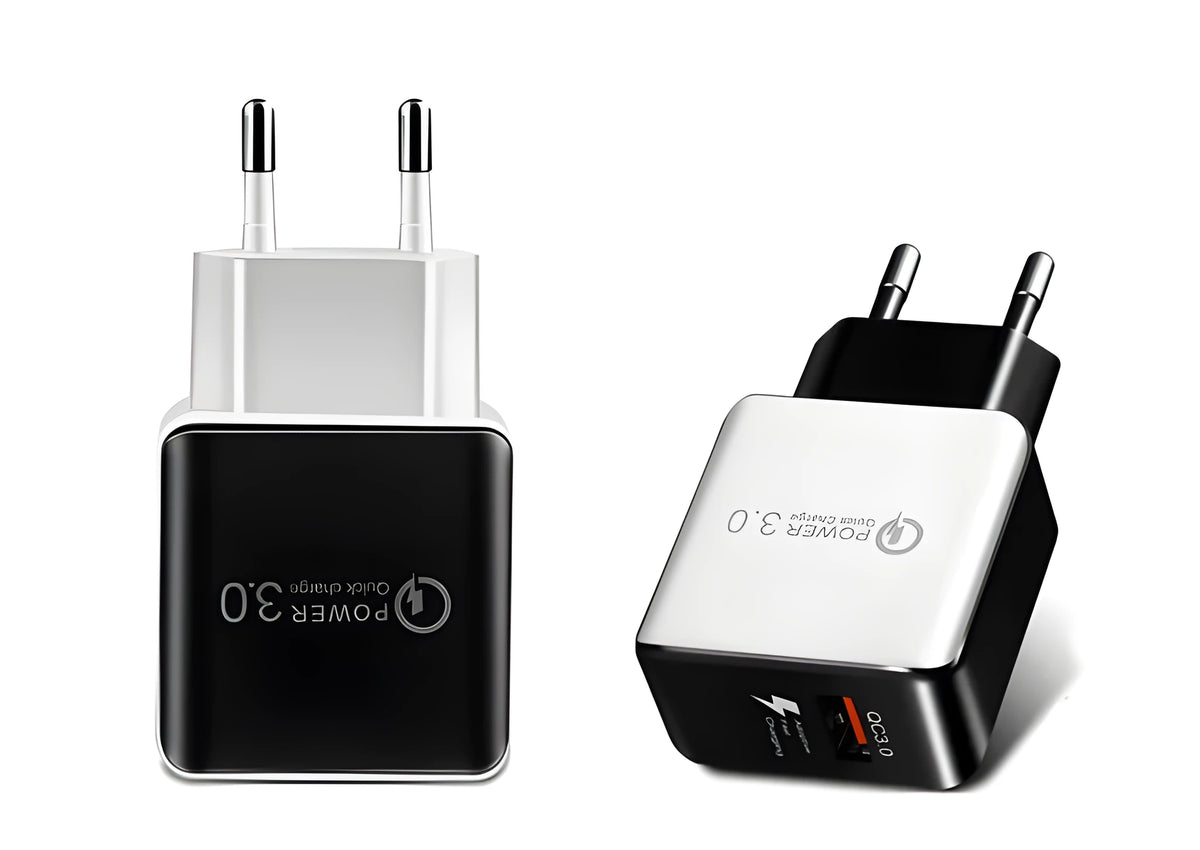 Black or white USB wall charger with EU plug, 18W Quick Charge 3.0, 2400 mA output