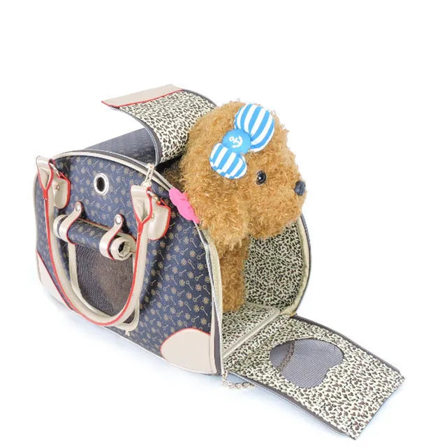 PU pet carrier bag for small dogs and cats, 8 kg max, shown in white and brown with S and L size options