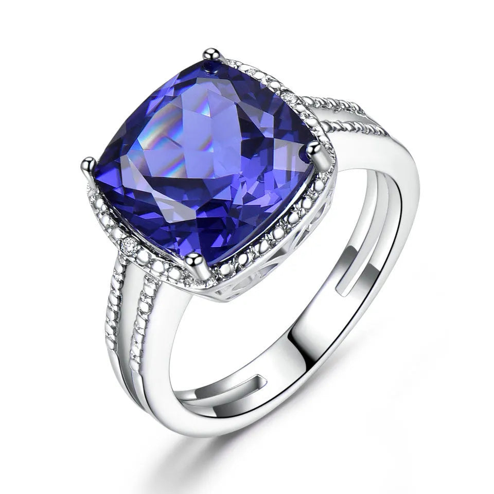 Women's sterling silver 925 ring with a blue tanzanite gemstone centrepiece.