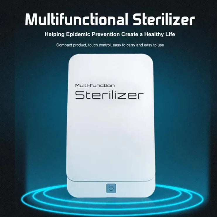 Blue UV phone steriliser machine with open lid showing interior chamber.