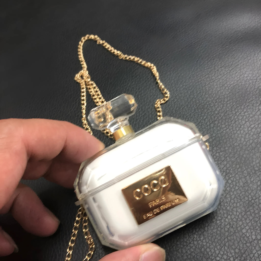 White soft silicone perfume bottle design case for Apple AirPods Pro and AirPods 3 charging box.