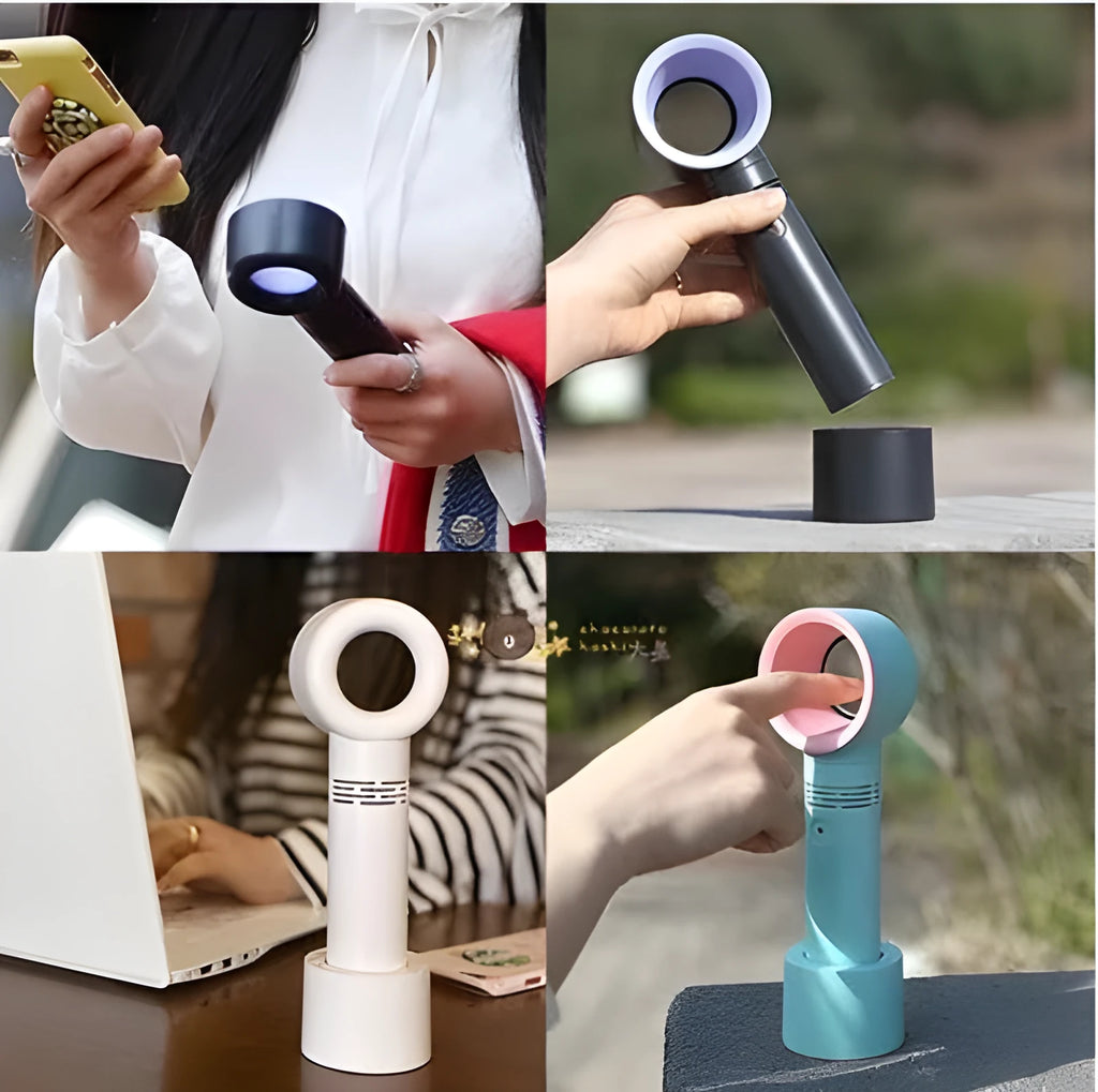 A portable bladeless desk fan with USB charging cable, shown in one of the available colours such as blue, black, or white.
