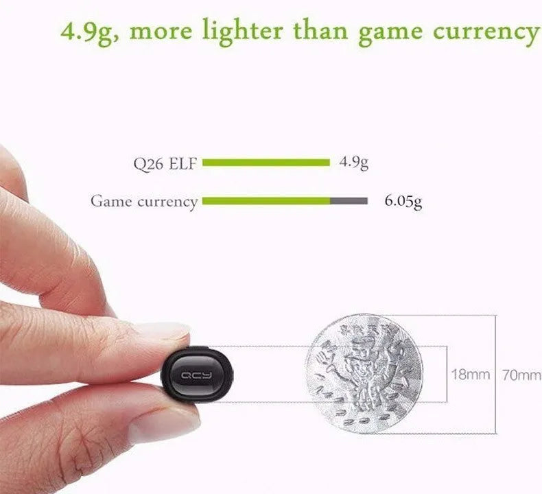 QCY Q26 black single-ear Bluetooth headset with microphone, USB cable and three earplugs