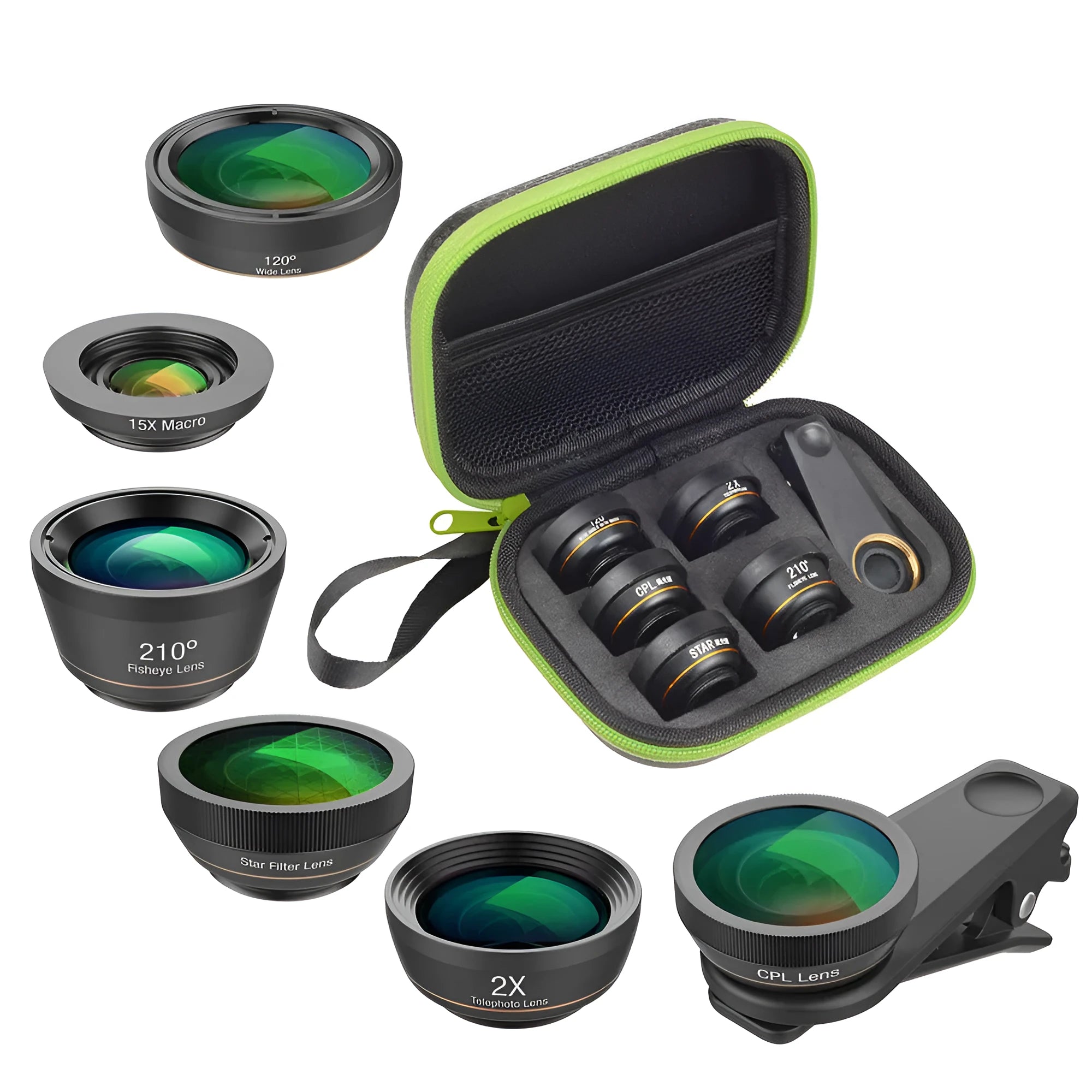 Black aluminium 6-in-1 smartphone lens kit with fisheye, wide-angle, macro, telephoto, CPL and star filter lenses on a universal clip.