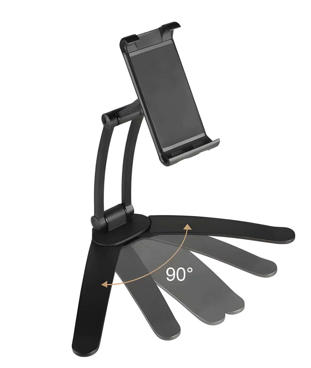 Silver aluminum alloy desktop tablet stand with white mount holding a tablet at an angle