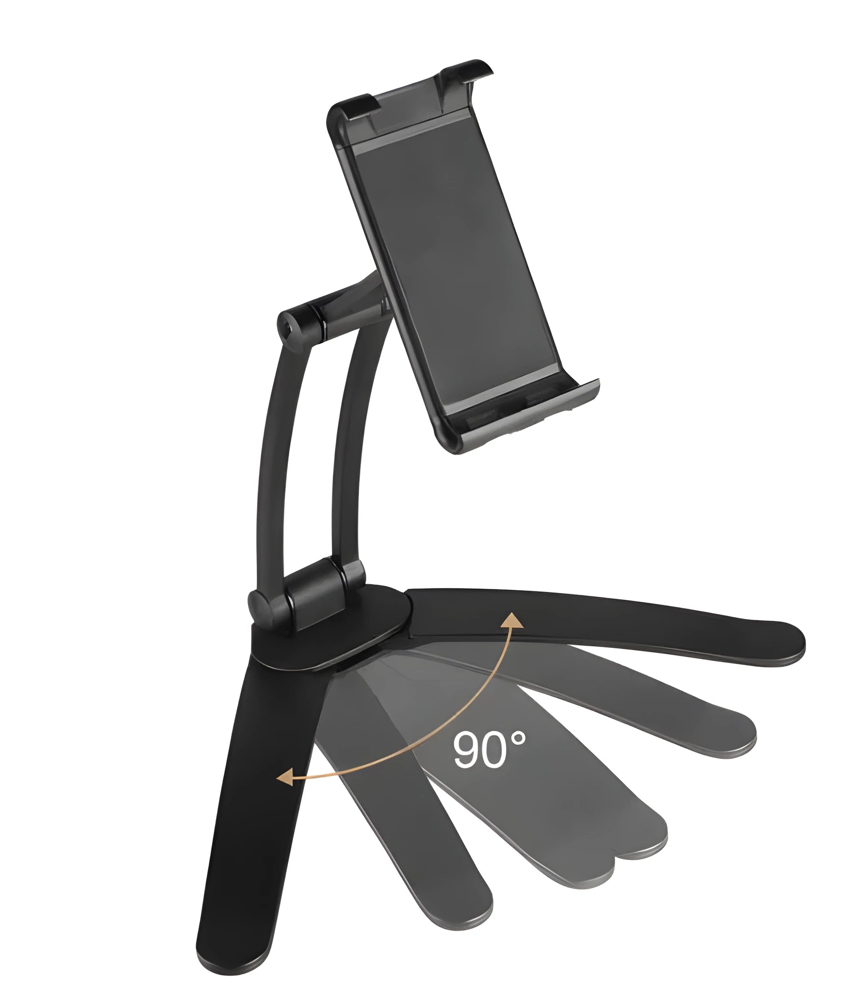 Silver aluminum alloy desktop tablet stand with white mount holding a tablet at an angle