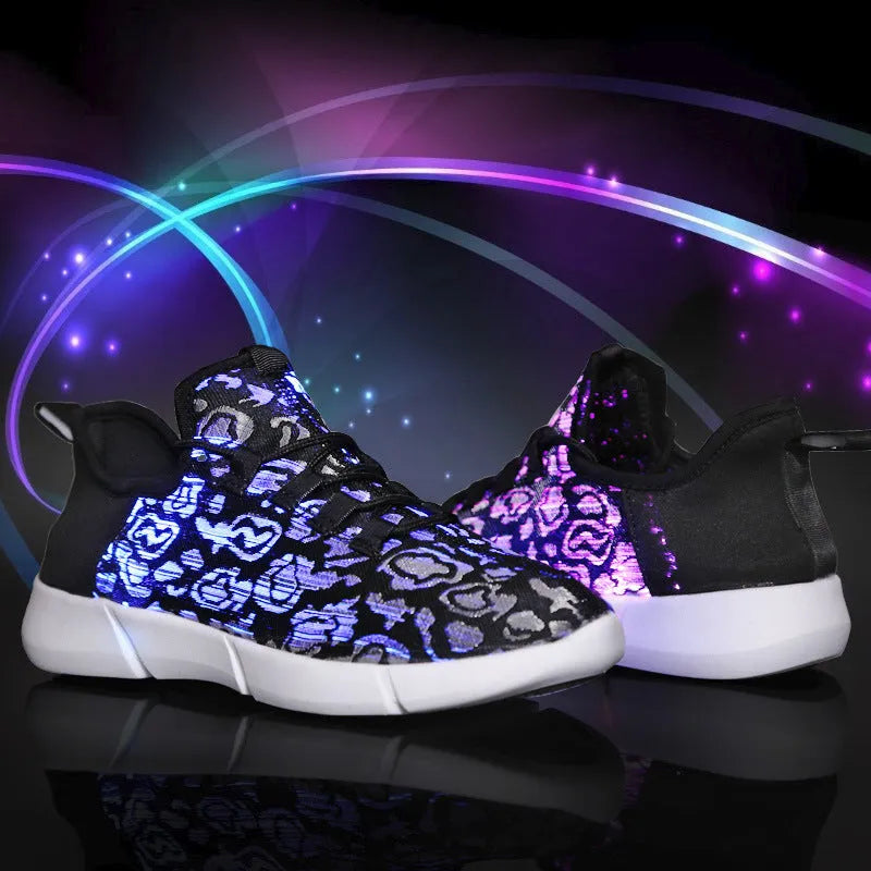 Unisex LED luminous leisure loafers with flying woven upper, EVA sole, shallow mouth, sizes 26-46, white black pink